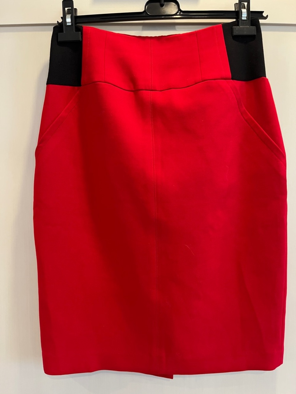 Iris Setlakwe Red Pencil Skirt with Black Wide Waist Panel, faux pocket detail